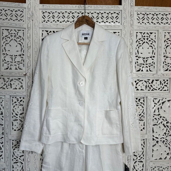NWT Kasper 2-Piece 100% Linen Cream Ivory Embroidered Cut Out Suit Blazer Set - Picture 4 of 13
